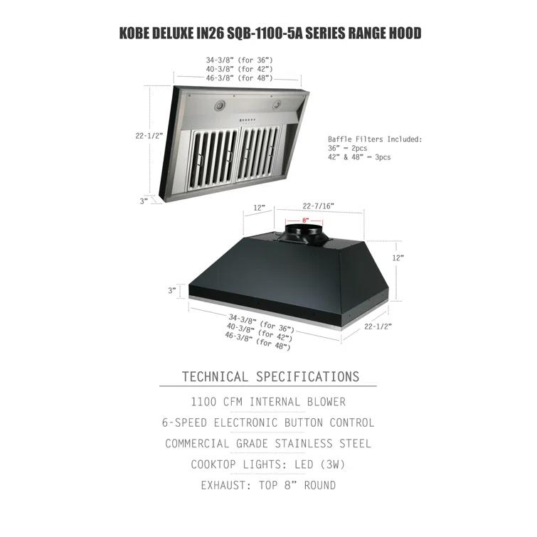 Kobe Range Hoods 36" Stainless Steel 1100 CFM Ducted (Vented) Insert Range Hood with Baffle Filter