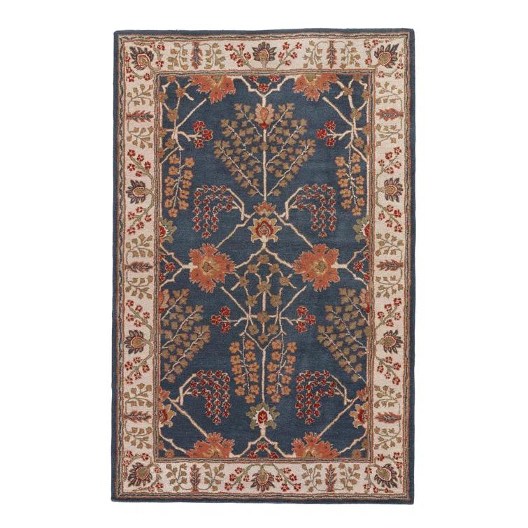 Poeme Wool Area Rug in Dark Blue/Cream/Orange