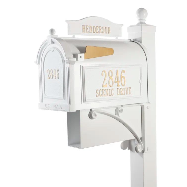 White Aluminum Lockable Post Mounted Mailbox with Personalized Plaques