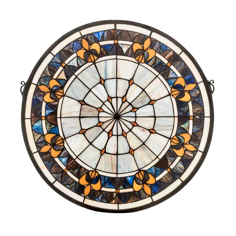 Victorian Fleur-De-Lis Blue and Beige Stained Glass Window Panel