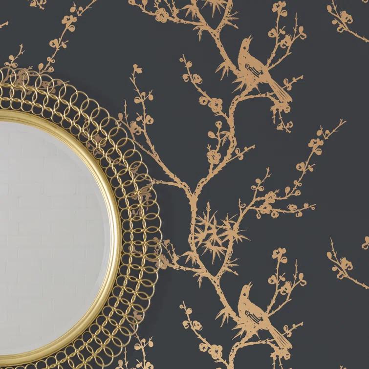 Tempaper & Co.® x Cynthia Rowley Bird Watching Removable Peel and Stick Wallpaper, Black and Gold, 56 sq ft: Vinyl, Self-Adhesive