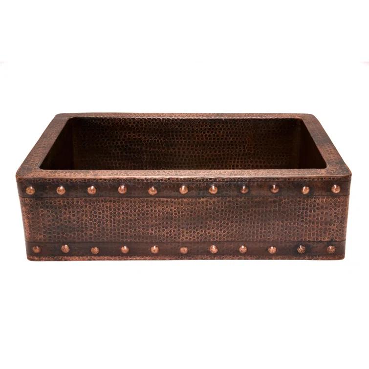 33" Hammered Copper Apron Front Single Basin Kitchen Sink w/ Barrel Strap Design
