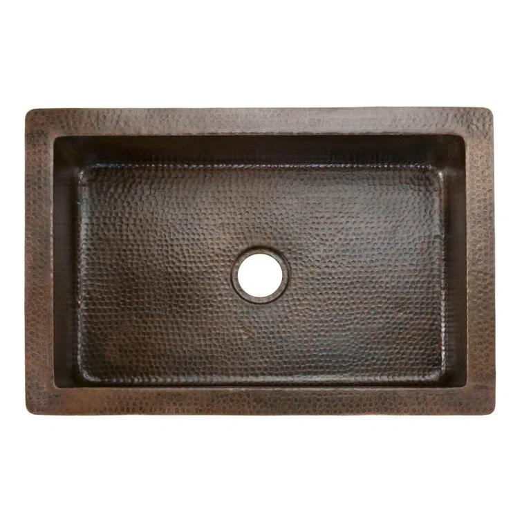 33" Hammered Copper Apron Front Single Basin Kitchen Sink w/ Barrel Strap Design