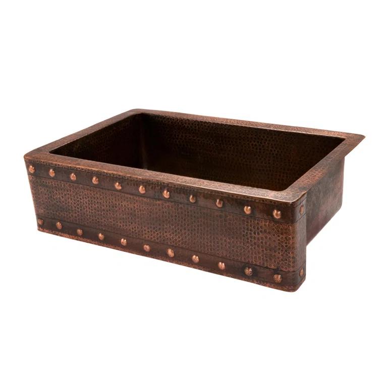 33" Hammered Copper Apron Front Single Basin Kitchen Sink w/ Barrel Strap Design