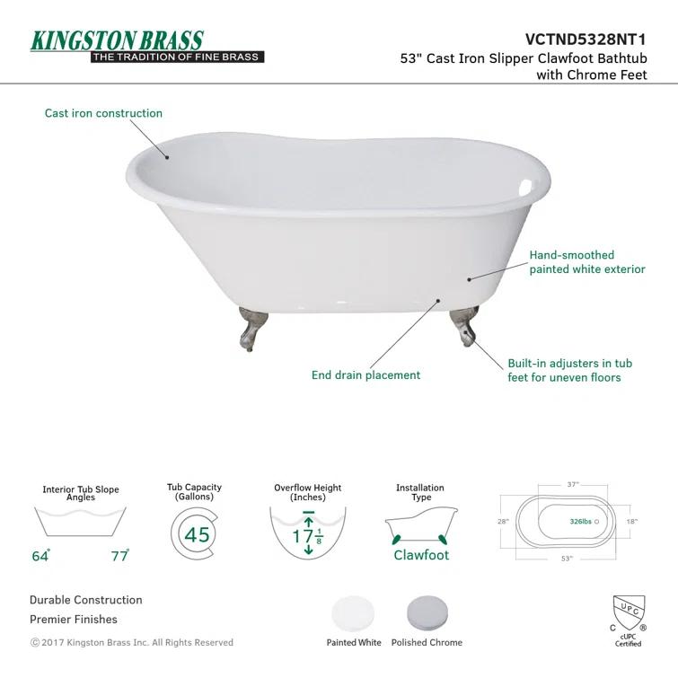 Kingston Brass Aqua Eden 53-Inch Cast Iron Oval Single Slipper Clawfoot Tub (No Faucet Drillings)