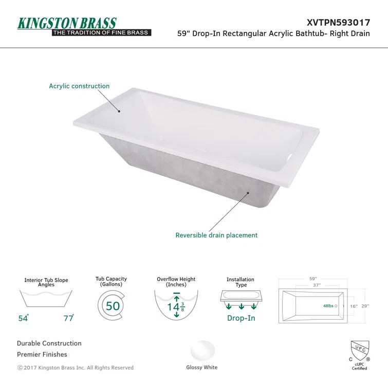 Kingston Brass XVTPN593017 Kingston Brass Aqua Eden 59-Inch Acrylic Rectangular Drop-In Tub with Drain