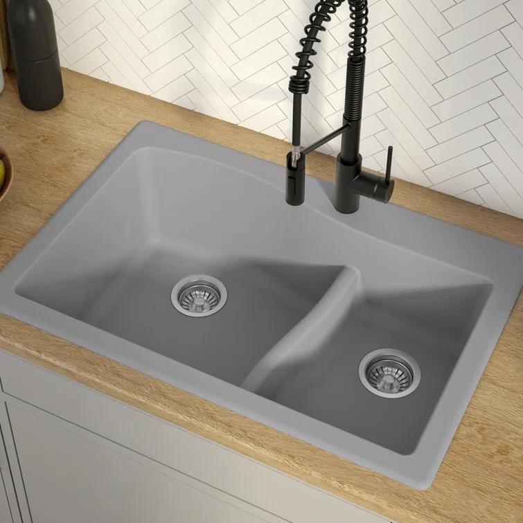 Kraus KRAUS Quarza™ 33" L Dual Mount 60/40 Double Bowl Granite Kitchen Sink KGD-442GREY