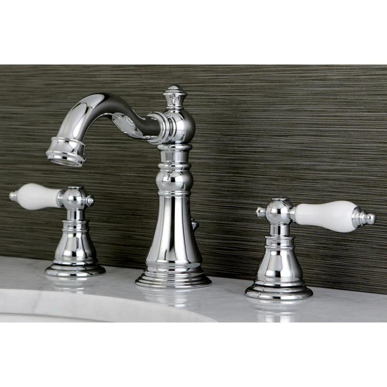 Kingston Brass American Patriot Two-Handle 3-Hole Deck Mount Widespread Bathroom Faucet with Retail Pop-Up Drain