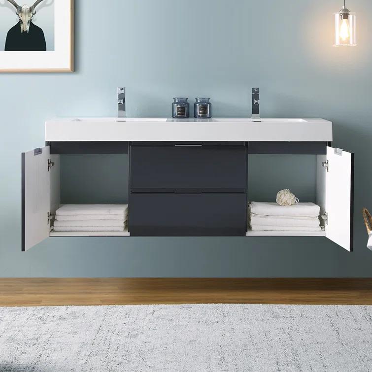 Valencia 60" Wall Mount Double Sink Bathroom Vanity with Top and Sinks (Faucets Not Included)