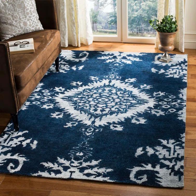 Stone Wash Hand Knotted Wool/Viscose/Cotton Ikat Rug in Indigo