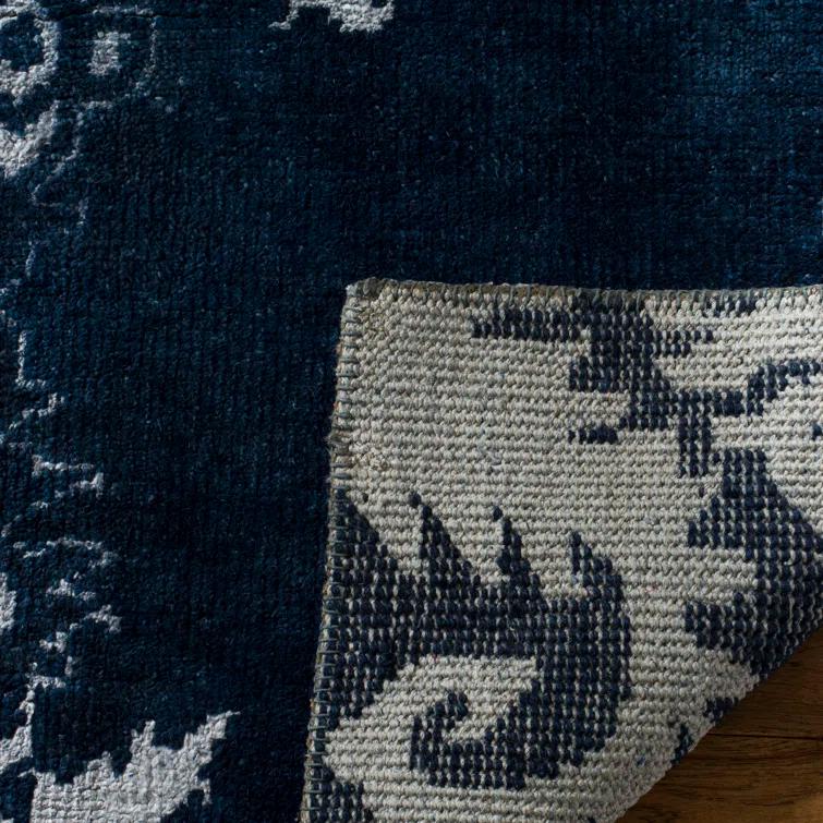 Stone Wash Hand Knotted Wool/Viscose/Cotton Ikat Rug in Indigo