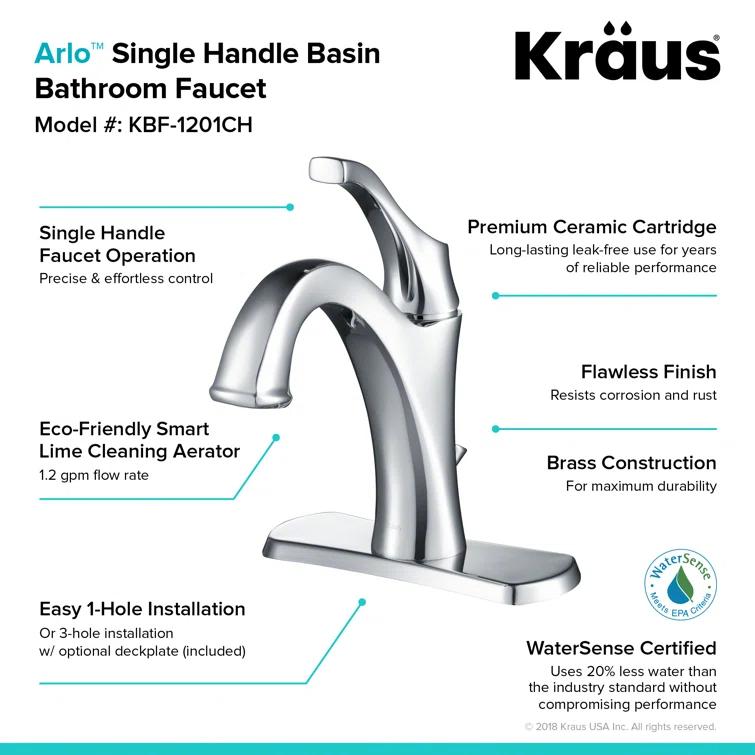 Kraus Arlo Single Hole 1-Handle WaterSense Bathroom Sink Faucet with Drain and Deck Plate
