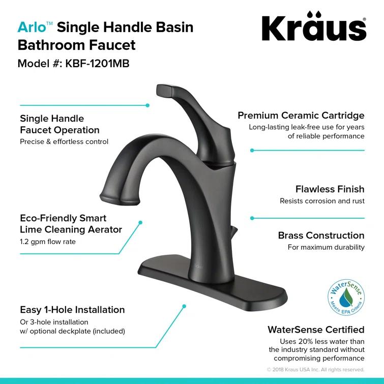 Kraus Kraus Arlo Single Hole 1-Handle WaterSense Bathroom Sink Faucet with Drain and Deck Plate KBF-1201MB