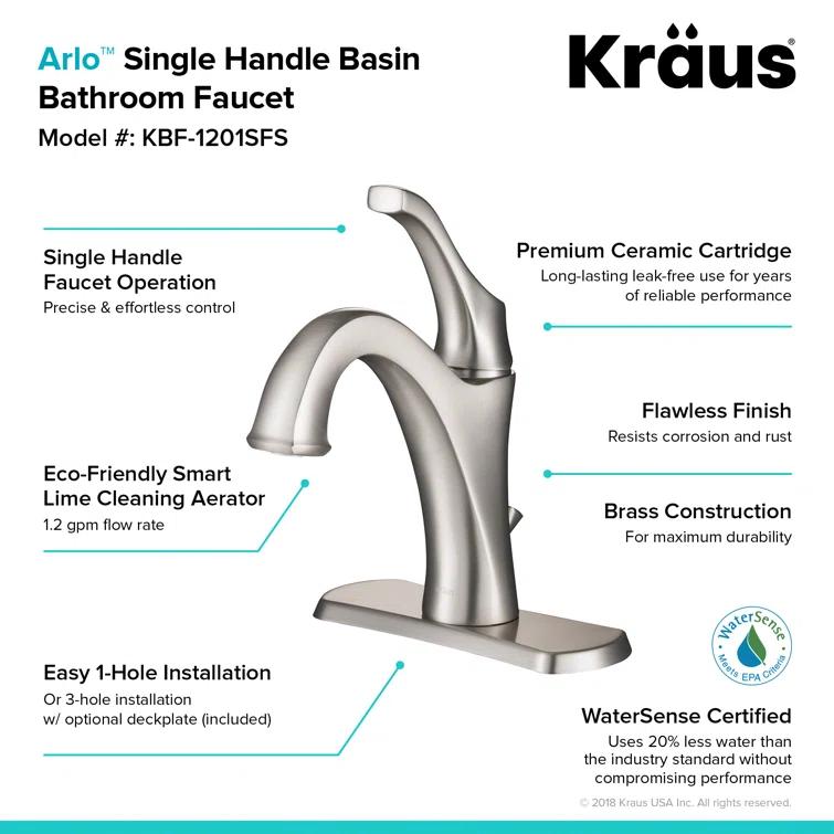 Kraus Arlo Single Hole 1-Handle WaterSense Bathroom Sink Faucet with Drain and Deck Plate