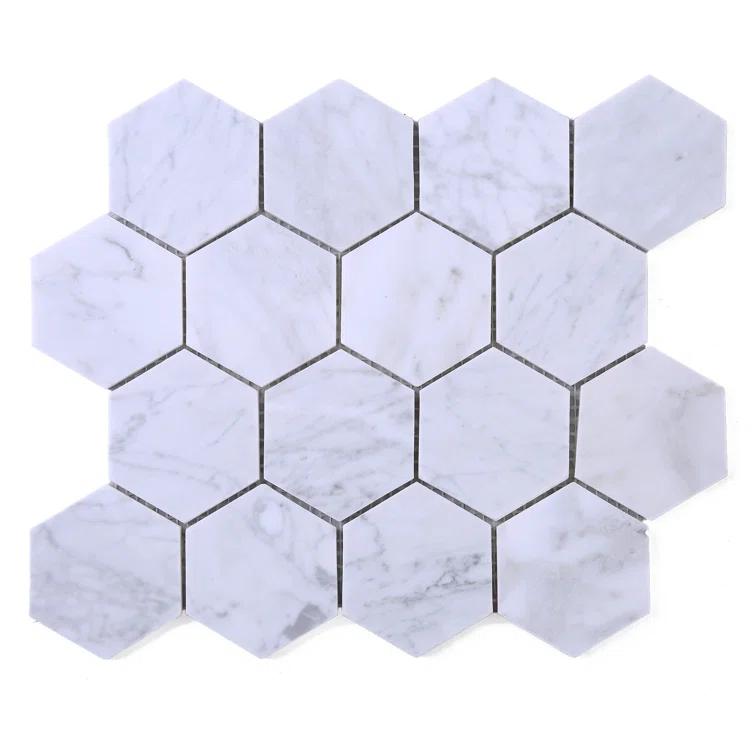 White Carrara 3" x 3" Natural Stone Honeycomb Marble Look Mosaic Wall Tile
