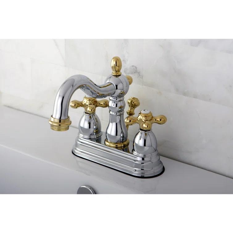 Kingston Brass Heritage Two-Handle 3-Hole Deck Mount 4" Centerset Bathroom Faucet with Plastic Pop-Up