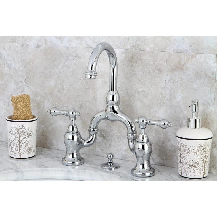 Kingston Brass English Country Two-Handle 3-Hole Deck Mount Bridge Bathroom Faucet with Brass Pop-Up