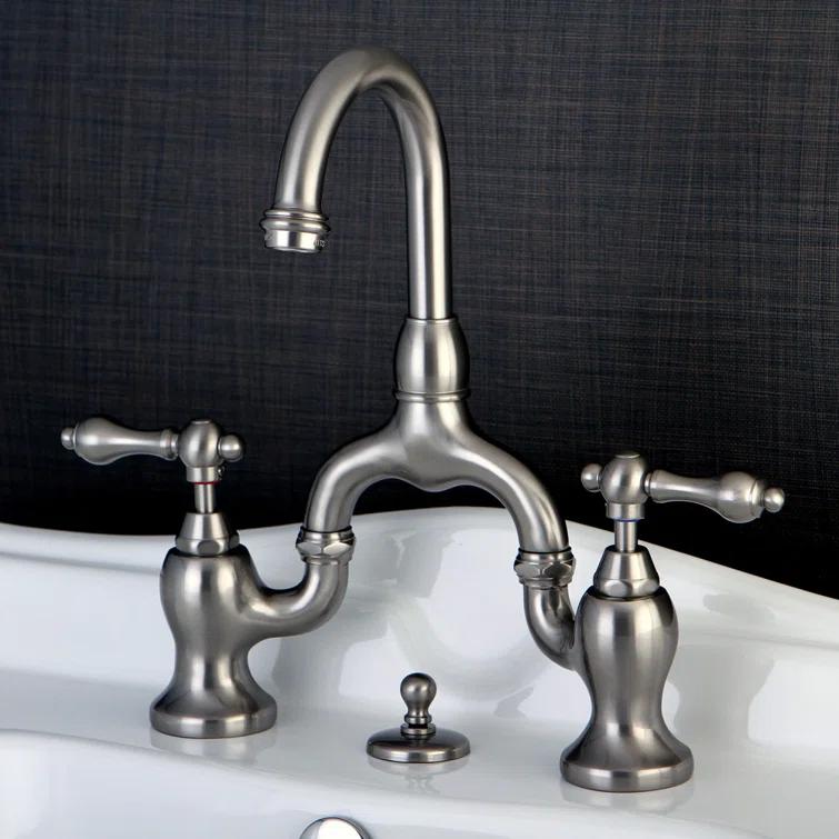 Kingston Brass English Country Two-Handle 3-Hole Deck Mount Bridge Bathroom Faucet with Brass Pop-Up