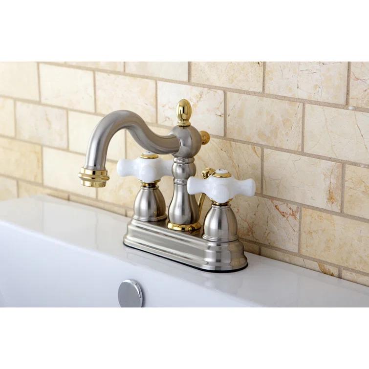 Kingston Brass Heritage Two-Handle 3-Hole Deck Mount 4" Centerset Bathroom Faucet with Plastic Pop-Up