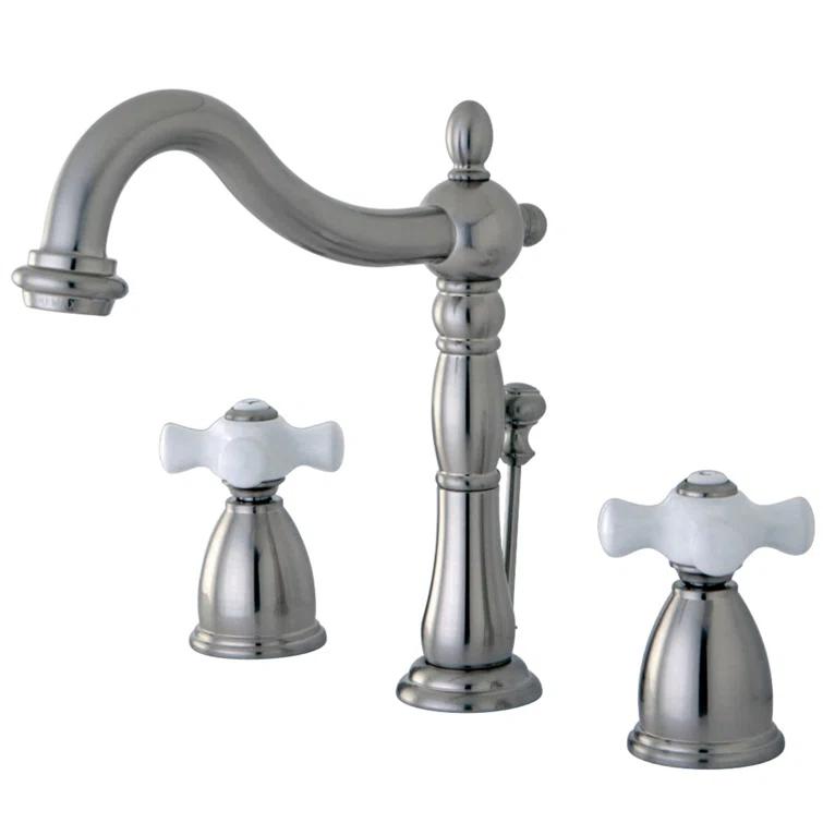 Kingston Brass Heritage Two-Handle 3-Hole Deck Mount Widespread Bathroom Faucet with Pop-Up Drain