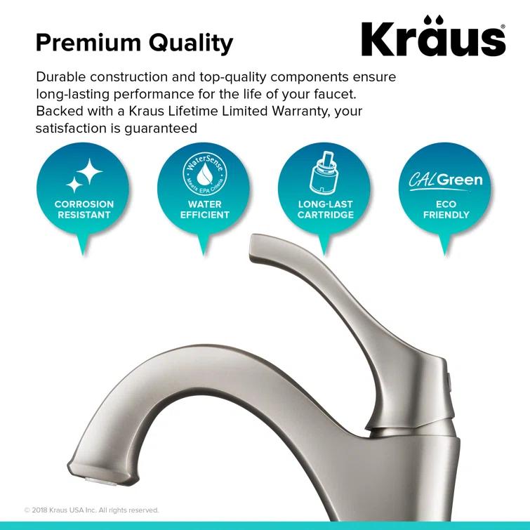 Kraus Arlo Single Hole 1-Handle WaterSense Bathroom Sink Faucet with Drain and Deck Plate