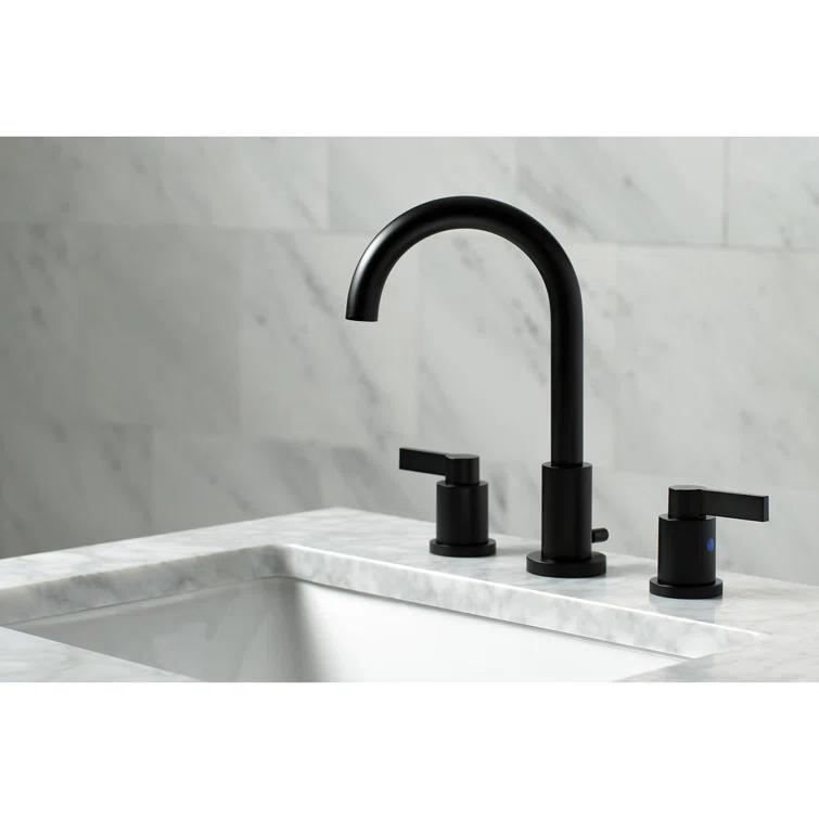 Kingston Brass NuvoFusion Two-Handle 3-Hole Deck Mount Widespread Bathroom Faucet with Brass Pop-Up Drain