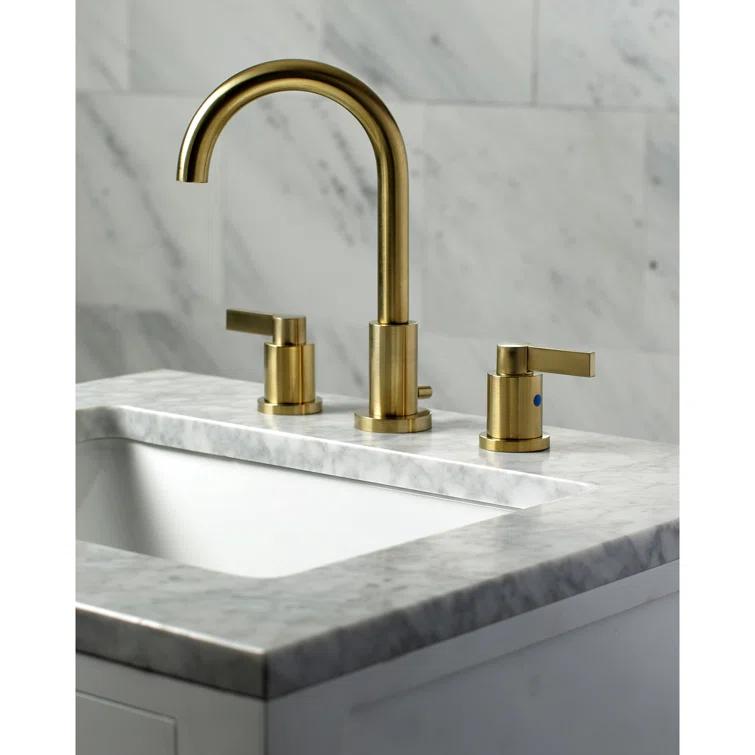 Kingston Brass NuvoFusion Two-Handle 3-Hole Deck Mount Widespread Bathroom Faucet with Brass Pop-Up Drain