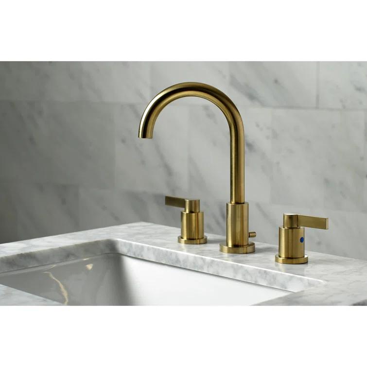 Kingston Brass NuvoFusion Two-Handle 3-Hole Deck Mount Widespread Bathroom Faucet with Brass Pop-Up Drain
