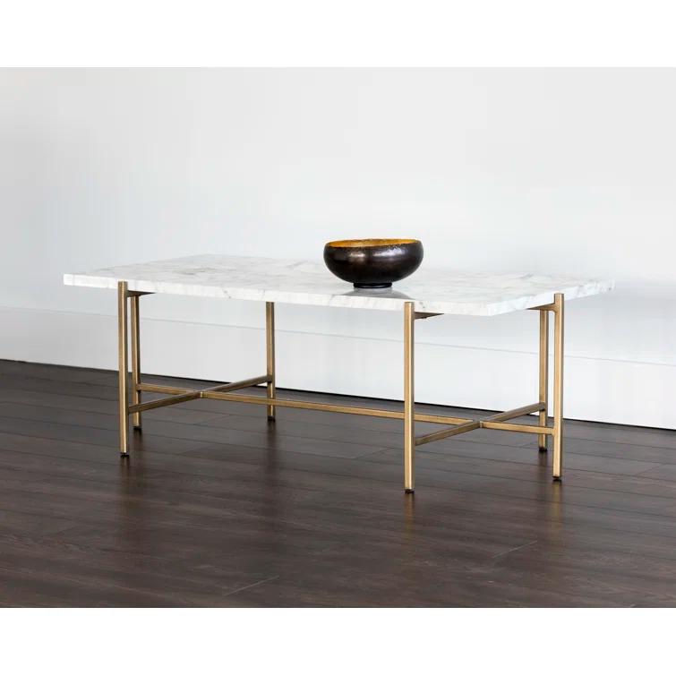 Elegant White Marble Look and Antique Brass Rectangular Outdoor Coffee Table