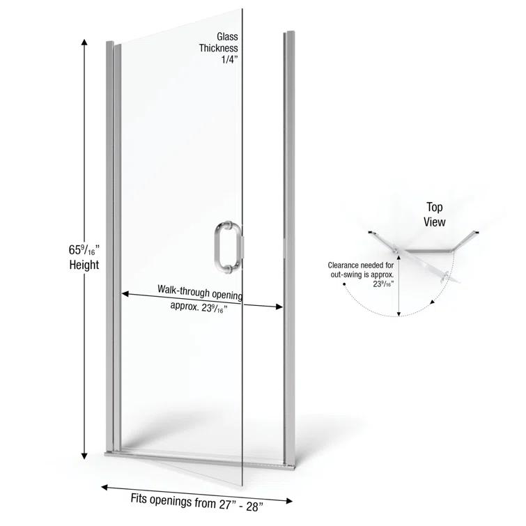Infinity 28" x 65.56" Pivot Semi-Frameless Shower Door