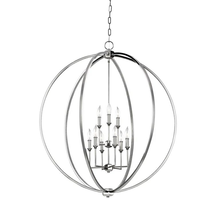 Elegant Polished Nickel 9-Light Crystal Globe Chandelier