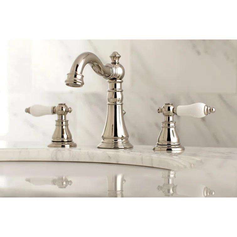 Kingston Brass American Patriot Two-Handle 3-Hole Deck Mount Widespread Bathroom Faucet with Brass Pop-Up Drain