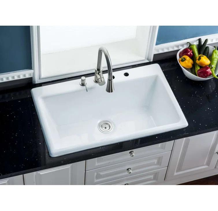Kingston Brass Towne 33-Inch Cast Iron Self-Rimming 4-Hole Single Bowl Drop-In Kitchen Sink