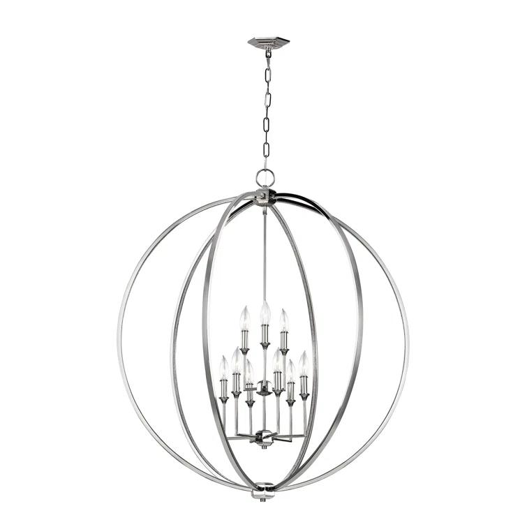 Elegant Polished Nickel 9-Light Crystal Globe Chandelier