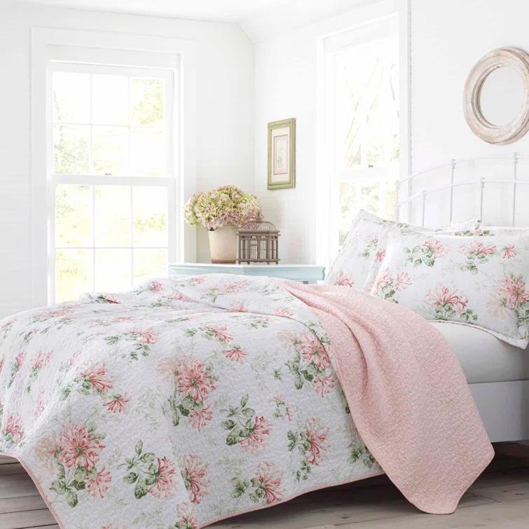 Laura Ashley Laura Ashley Honeysuckle Cotton Reversible Pink Quilt Set