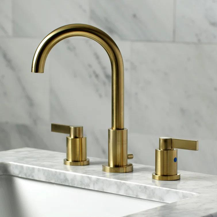 Kingston Brass NuvoFusion Two-Handle 3-Hole Deck Mount Widespread Bathroom Faucet with Brass Pop-Up Drain
