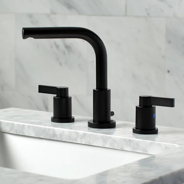 Kingston Brass NuvoFusion Two-Handle 3-Hole Deck Mount Widespread Bathroom Faucet with Brass Pop-Up Drain