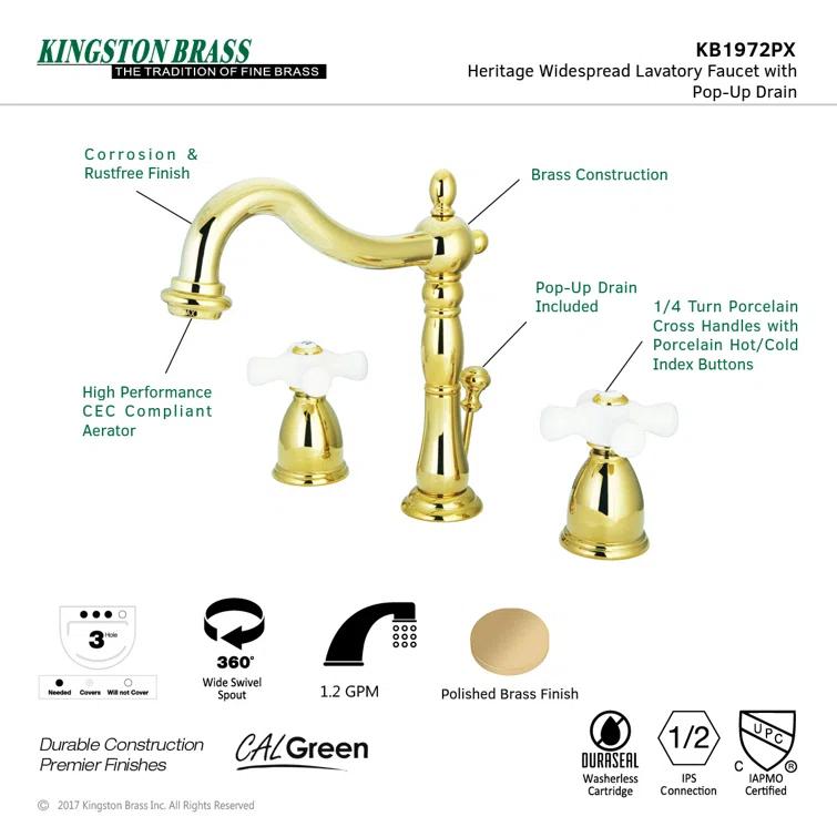 Kingston Brass Heritage Two-Handle 3-Hole Deck Mount Widespread Bathroom Faucet with Pop-Up Drain