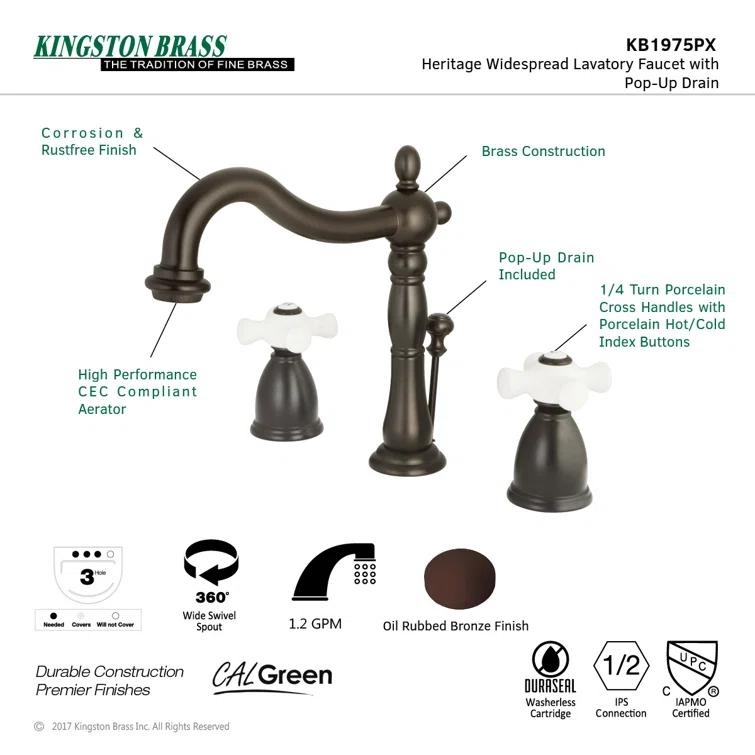 Kingston Brass KB1975PX Kingston Brass Heritage Two-Handle 3-Hole Deck Mount Widespread Bathroom Faucet with Pop-Up Drain