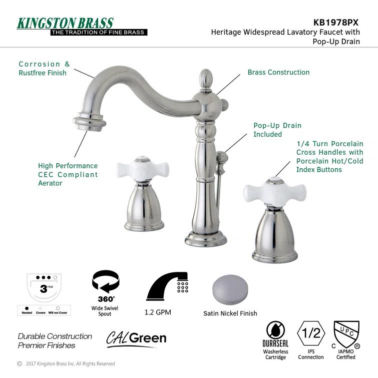 Kingston Brass Heritage Two-Handle 3-Hole Deck Mount Widespread Bathroom Faucet with Pop-Up Drain