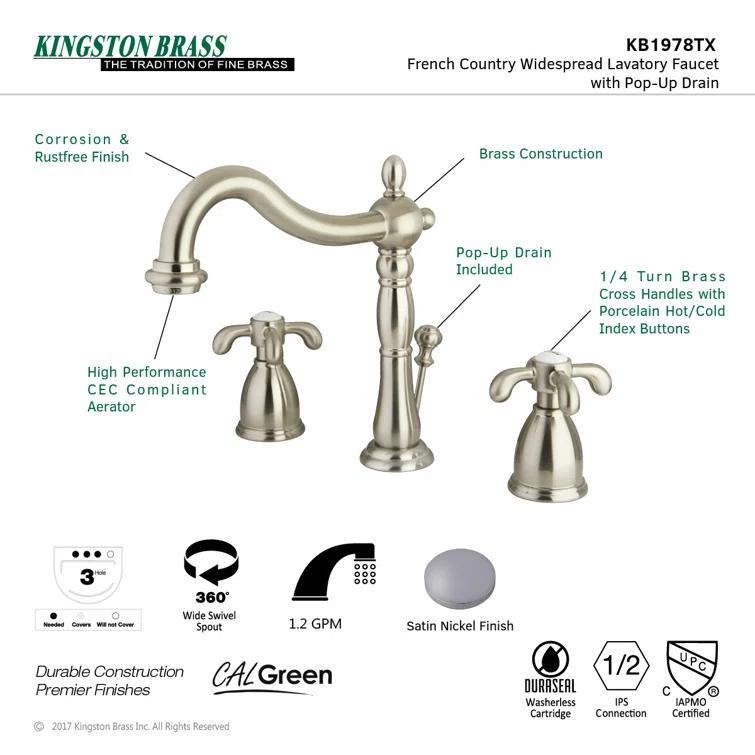 Kingston Brass French Country Two-Handle 3-Hole Deck Mount Widespread Bathroom Faucet with Pop-Up Drain