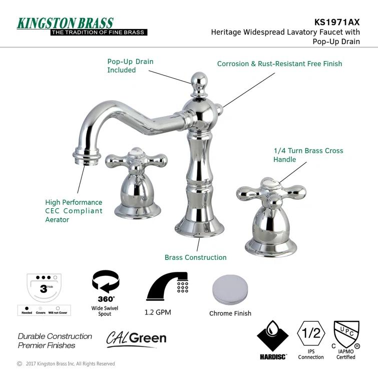 Kingston Brass Heritage Two-Handle 3-Hole Deck Mount Widespread Bathroom Faucet with Brass Pop-Up Drain