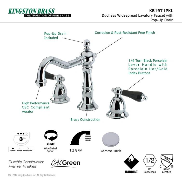 Kingston Brass Duchess Two-Handle 3-Hole Deck Mount Widespread Bathroom Faucet with Brass Pop-Up Drain