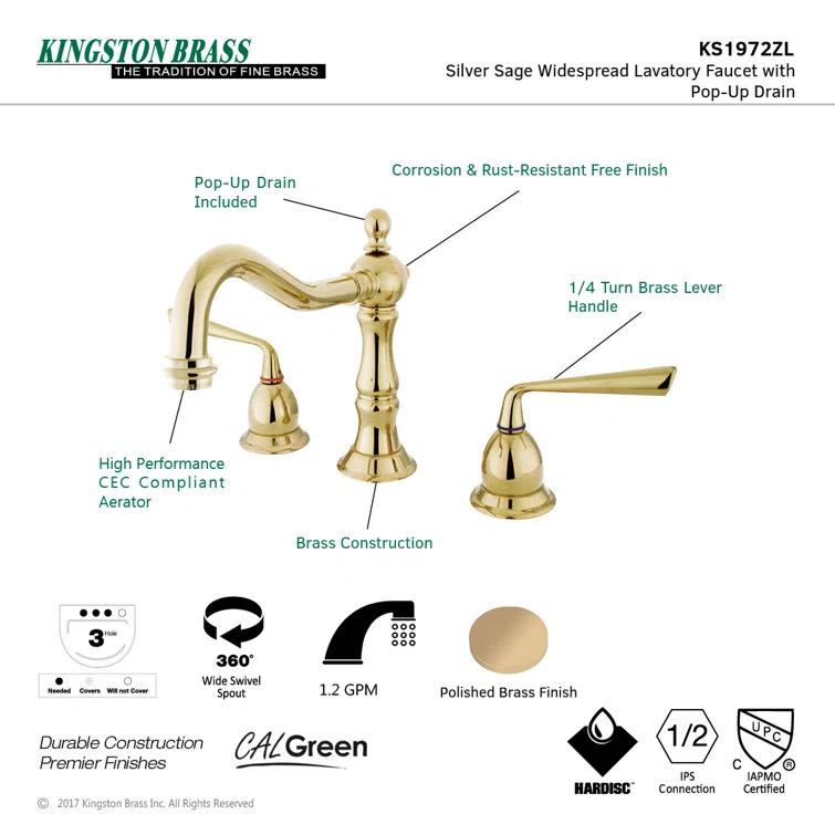 Kingston Brass Silver Sage Two-Handle 3-Hole Deck Mount Widespread Bathroom Faucet with Brass Pop-Up Drain