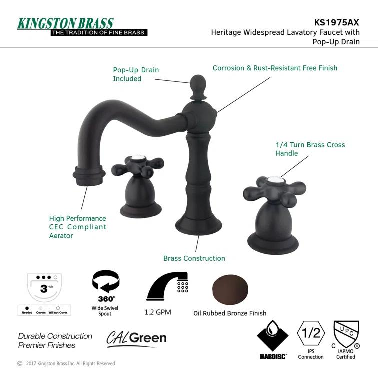 Kingston Brass Heritage Two-Handle 3-Hole Deck Mount Widespread Bathroom Faucet with Brass Pop-Up Drain
