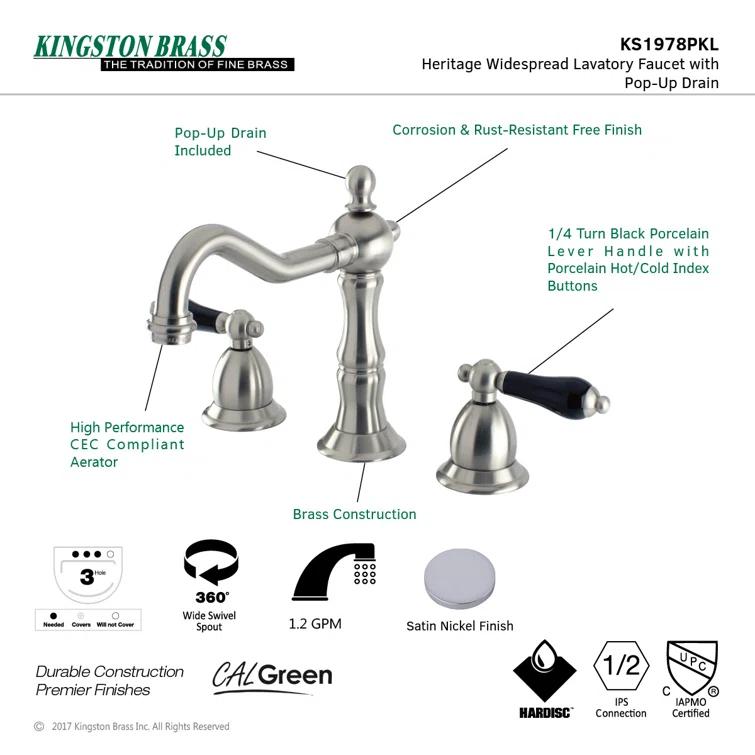Kingston Brass Duchess Two-Handle 3-Hole Deck Mount Widespread Bathroom Faucet with Brass Pop-Up Drain