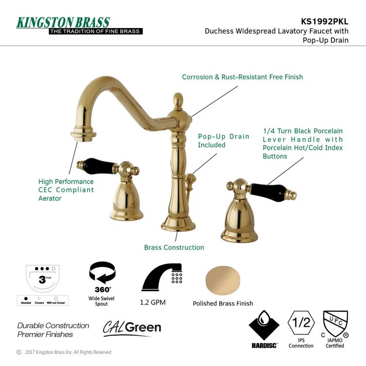 Kingston Brass KS1992PKL Kingston Brass Duchess Two-Handle 3-Hole Deck Mount Widespread Bathroom Faucet with Brass Pop-Up Drain