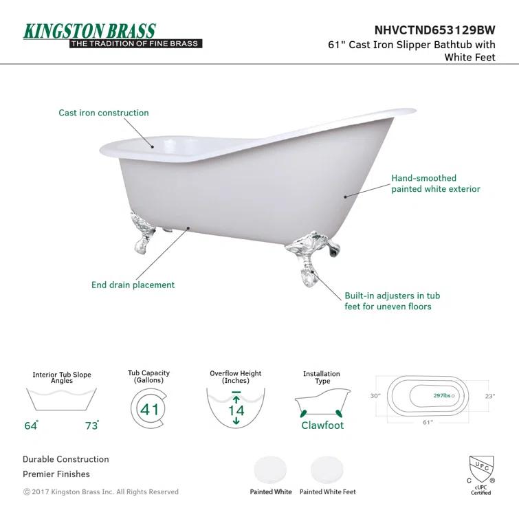 Kingston Brass Aqua Eden 61-Inch Cast Iron Oval Single Slipper Clawfoot Tub (No Faucet Drillings)