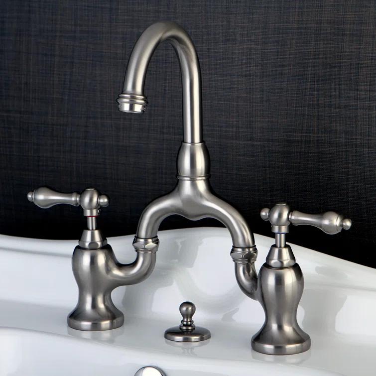 Kingston Brass English Country Two-Handle 3-Hole Deck Mount Bridge Bathroom Faucet with Brass Pop-Up