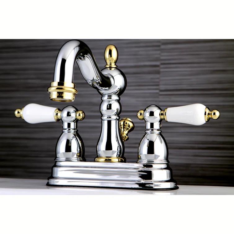 Kingston Brass Heritage Two-Handle 3-Hole Deck Mount 4" Centerset Bathroom Faucet with Plastic Pop-Up